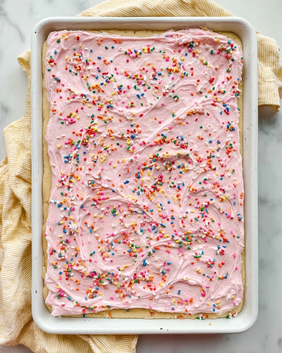 A large rectangular white baking tray filled with a flat base layer of light tan cake or dough, topped with a thick, even layer of light pink frosting spread with visible swirling textures. The frosting is covered evenly with colorful small sprinkles in red, blue, green, yellow, orange, white, and purple scattered across the whole surface. The tray rests on a white marbled surface with a soft yellow and white striped cloth partially visible to the side. Photo taken with an iphone --ar 4:5 --v 7