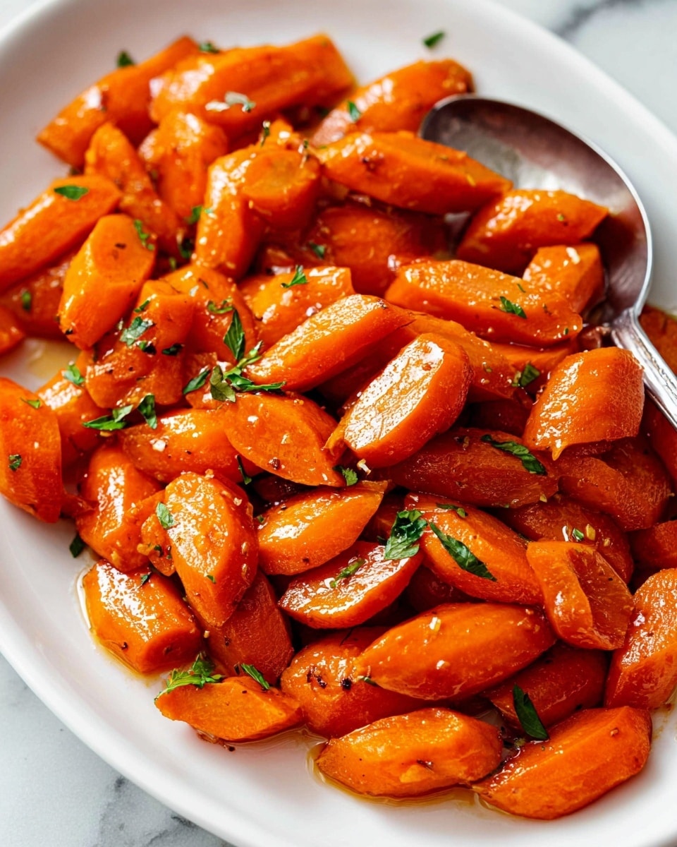 This image shows a white plate filled with many small, bright orange roasted carrot pieces. The carrots are cut into small chunks, with a glossy, slightly shiny texture from cooking oil or sauce. Scattered on top are small green parsley leaves adding a touch of color contrast. A silver spoon rests at the edge of the plate, partially under some carrots. The background is a white marbled texture. photo taken with an iphone --ar 4:5 --v 7