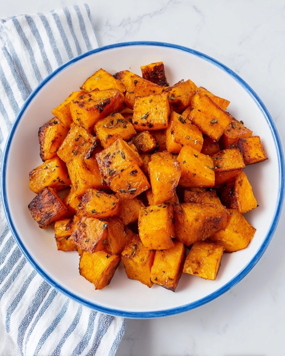 The image shows a white round plate with a blue rim filled with roasted orange-colored cubes of squash. Each cube has a slightly browned and crisp outer layer with a soft texture inside. The squash pieces are piled high in the plate, showing some darker caramelized spots. Next to the plate, there is a white marbled surface with a blue and white striped cloth partially visible. The photo has a bright and clean look with soft natural lighting. photo taken with an iphone --ar 4:5 --v 7