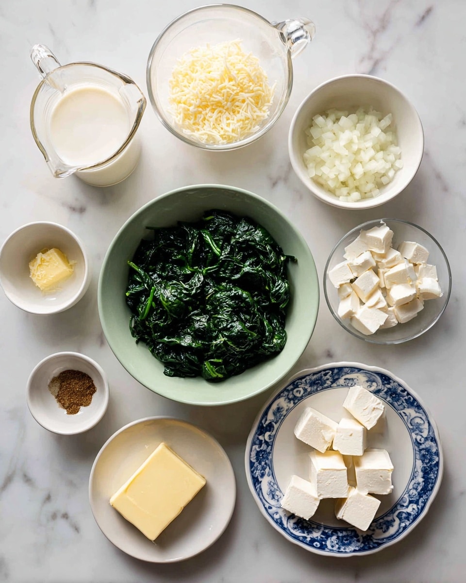 The image shows eight bowls and measuring cups with different ingredients arranged neatly on a white marbled surface. In the center, a light green bowl holds dark green cooked spinach. Above it to the right, a white bowl contains small white chopped onion pieces. Next to it, on the right, a small white plate with blue patterns holds several cream cheese cubes, white in color. Above the spinach to the left is a clear measuring cup filled with white heavy cream. Below the onion and cream cheese, a clear measuring cup filled with grated pale yellow parmesan rests. Below spinach toward the right, a small white plate holds a pale yellow square of butter. To the left, a small white dish contains minced garlic with a light yellow color. Finally, near the bottom left corner, a small white dish holds brown nutmeg powder. photo taken with an iphone --ar 4:5 --v 7