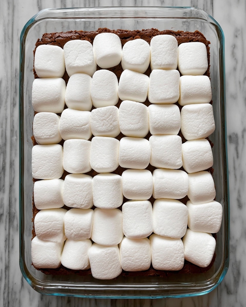 A rectangular glass baking dish filled with a single layer of rich brown brownie at the bottom, topped evenly with a full layer of large, soft, white marshmallows arranged in neat rows to cover the entire surface. The marshmallows are smooth and slightly puffy, contrasting with the rougher texture of the brownie underneath. The dish is placed on a white marbled surface. Photo taken with an iphone --ar 4:5 --v 7