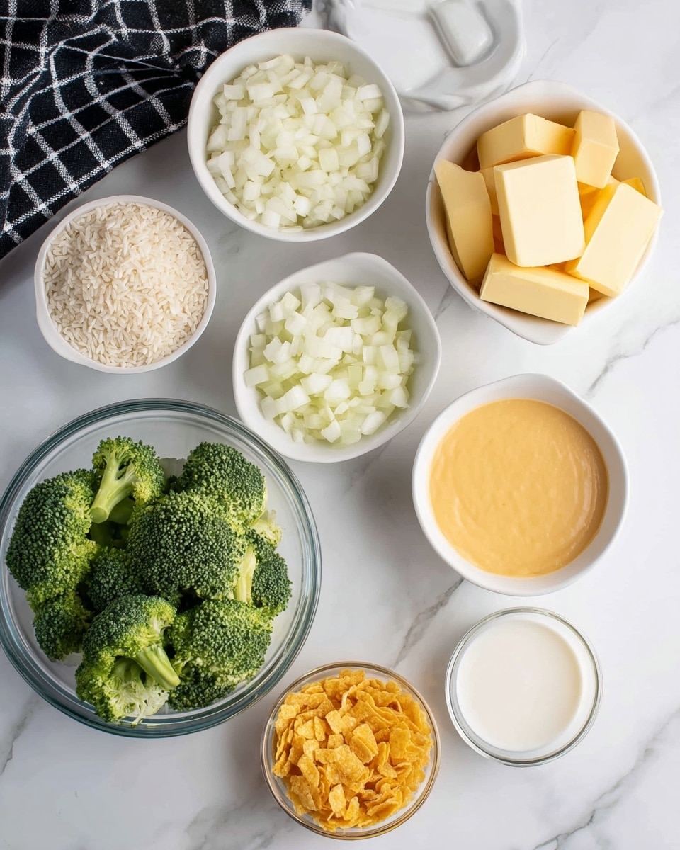 The image shows several small white bowls each holding different ingredients arranged on a white marbled surface. One clear glass bowl at the bottom left contains green broccoli florets with a fresh texture. Above it, a white bowl holds chopped white onions. To the right of the onions, another white bowl contains a smooth, light orange creamy sauce. At the top right, a white bowl has several yellow blocks of butter. Next to it, another white bowl contains orange blocks of sharp cheddar cheese. Below the cheddar, a small white bowl is filled with white milk or cream. At the bottom left, a small clear glass bowl holds golden crushed cornflakes. Finally, a white bowl near the top left contains uncooked white rice grains. A black and white checkered cloth is partially visible at the top left corner. Photo taken with an iphone --ar 4:5 --v 7