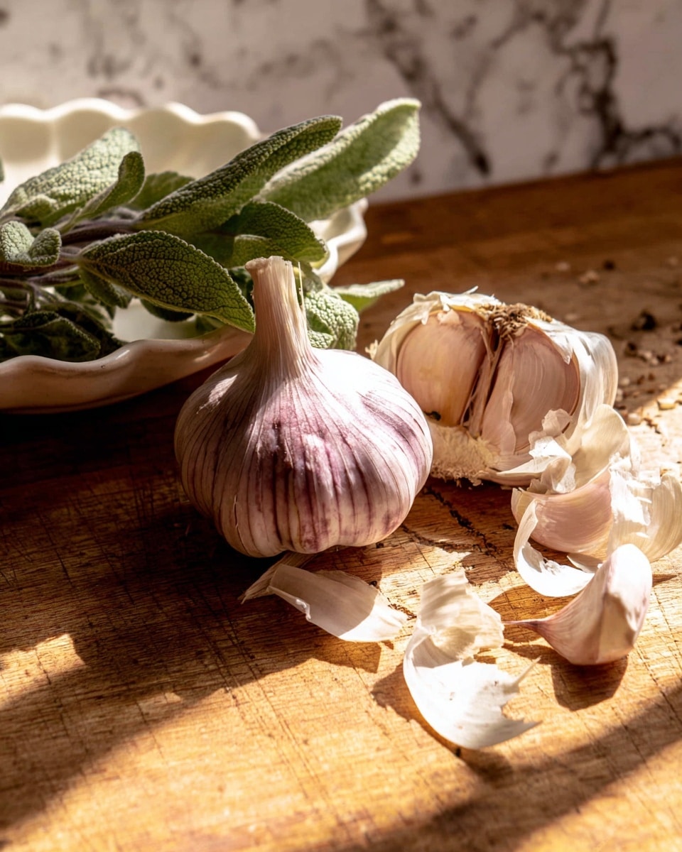 The image shows two garlic bulbs resting on a wooden surface. One garlic bulb is whole, purple-striped, and smooth, placed in the front. The second garlic bulb is partially peeled, revealing a soft beige and pale purple inside, with loose white garlic skin curls around it. On the left side, there is a small bunch of fresh green herbs with textured leaves, placed diagonally. Soft sunlight casts shadows across the wooden surface, adding depth and warmth to the scene. In the background, a white dish with a scalloped edge rests out of focus. The surface behind everything is a white marbled texture photo taken with an iphone --ar 4:5 --v 7
