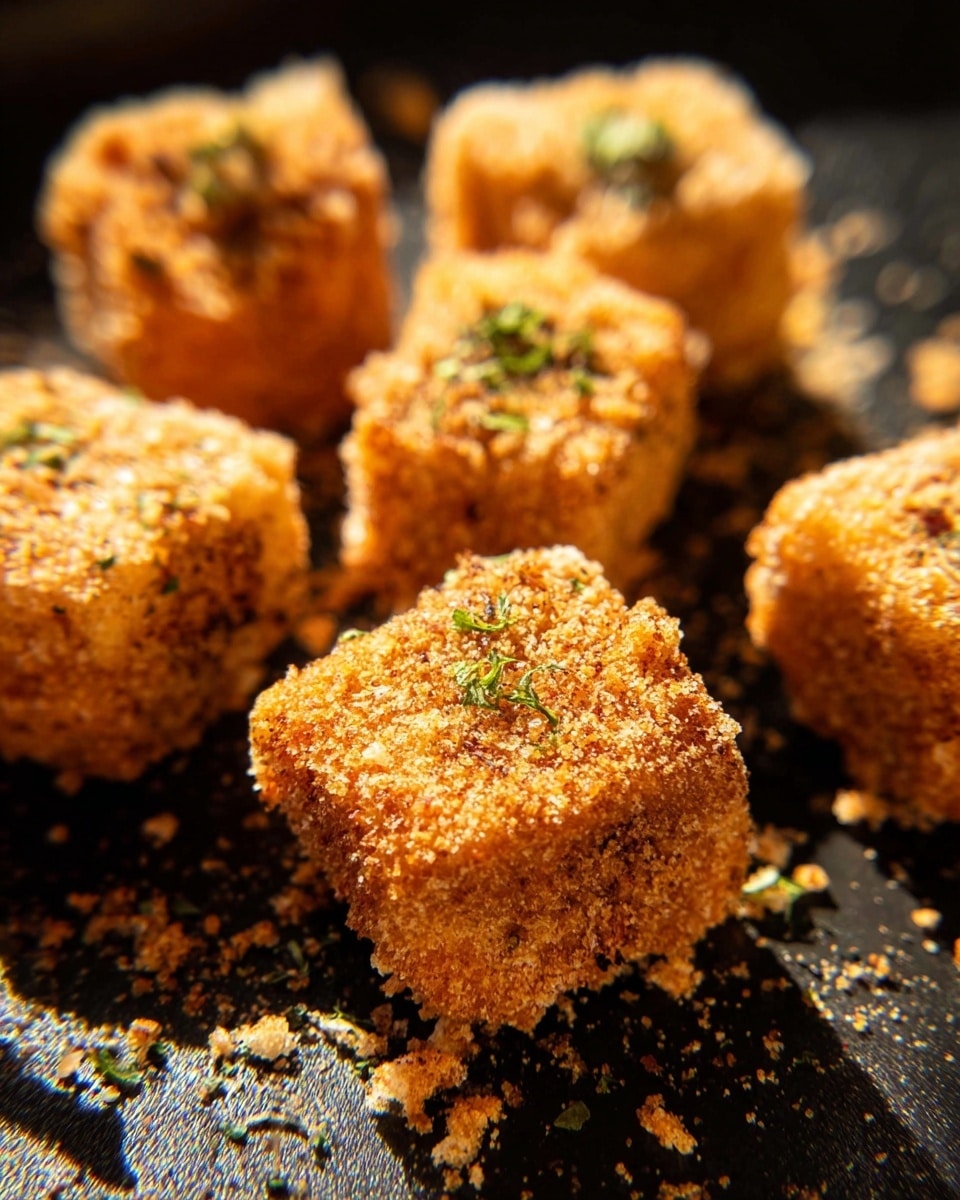 The image shows close-up of several small, square-shaped pieces of food with a rough, crumbly texture on a black surface. The pieces are golden brown in color, suggesting they are coated in a crunchy crumb mix. Some pieces have small green herb flakes on top as garnish. Crumbs and small bits are scattered around the pieces, adding to the crunchy appearance. The light creates soft shadows, highlighting the uneven texture and the slight roughness of the coating. photo taken with an iphone --ar 4:5 --v 7