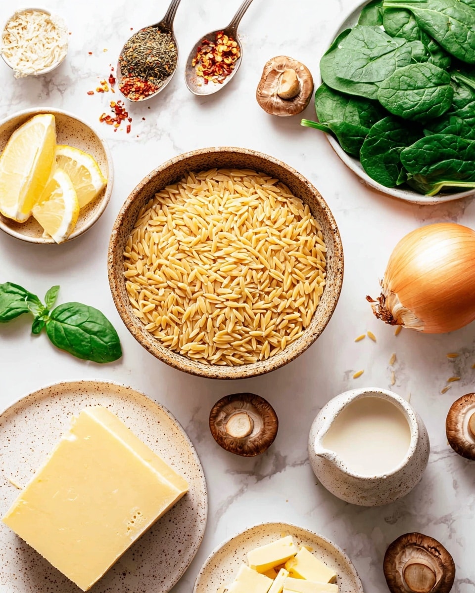 A round bowl filled with dry, golden orzo pasta sits in the center on a white marbled surface. Around it, starting from the top right, there are large green spinach leaves and a shallot on a white speckled plate. Next to it are brown mushrooms scattered on the surface. To the right of the bowl is a small white speckled pitcher filled with cream. On the bottom left side, there is a chunk of hard yellow cheese on a small round beige plate, a smaller bowl with a block of butter, and above these, a small white dish with sliced lemons and lemon zest. Above the bowl of orzo are three garlic cloves between two spoons, one holding crushed red pepper flakes and the other with black pepper. A few basil leaves are scattered near the spoons. Photo taken with an iphone --ar 4:5 --v 7