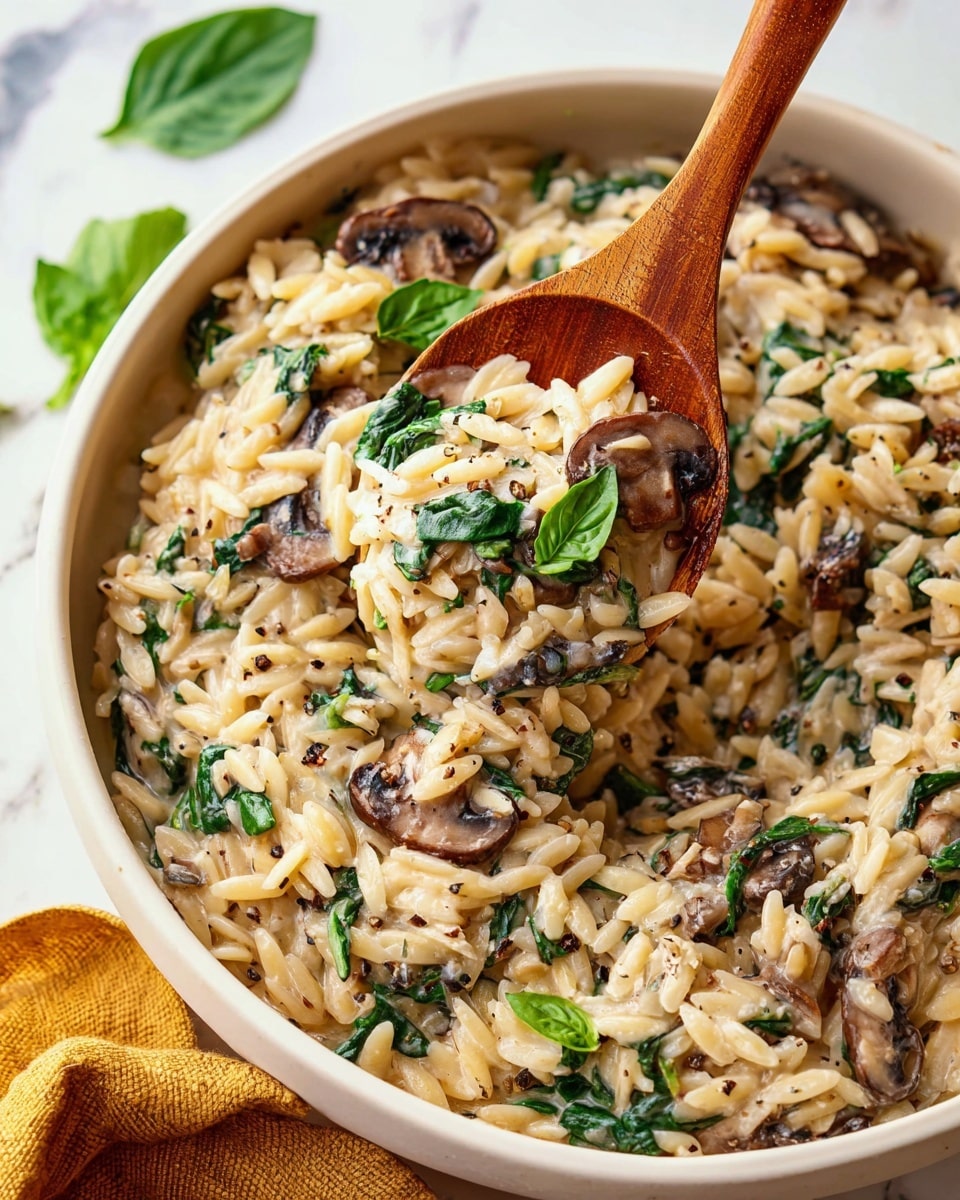 The dish shows a white bowl filled with creamy orzo pasta mixed with dark brown, sliced mushrooms and bright green spinach leaves scattered throughout. The orzo is light beige and looks soft and coated in a white creamy sauce. There are small bits of what looks like onion and black pepper sprinkled on top, adding a speckled texture. Bright green basil leaves are laid on top for decoration. A wooden spoon with a rich brown color is lifting some orzo and mushrooms from the bowl. The background is a white marbled surface with a small piece of mustard yellow cloth visible at the bottom left. Photo taken with an iphone --ar 4:5 --v 7