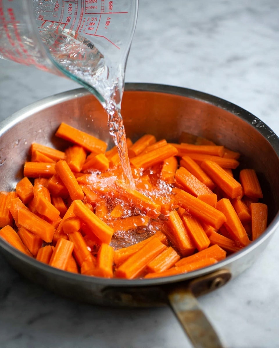 A silver metal pan filled with chopped bright orange carrot pieces, each cut into small rectangular sticks, resting on a white marbled surface. Clear water is being poured into the pan from a transparent measuring cup with red markings, creating small bubbles and a wet surface on the carrots. The pan handle is visible in the front, showing some tarnish. The scene is well lit with natural light, emphasizing the vibrant carrot color and the clear, flowing water. photo taken with an iphone --ar 4:5 --v 7