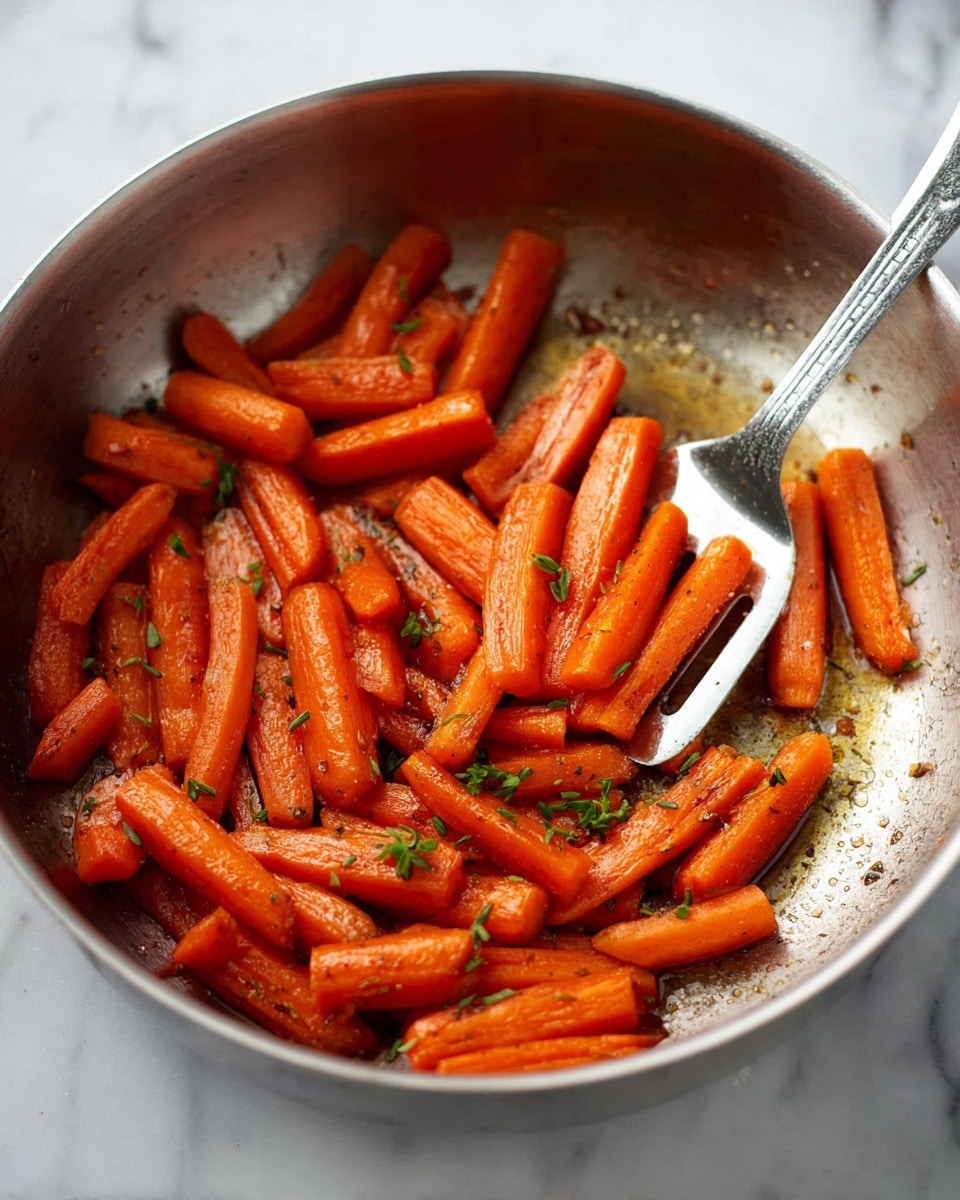 A silver pan filled with bright orange carrot sticks that are cooked and slightly browned on the edges. The carrots are cut into small, uniform pieces and appear tender with a glossy finish. Small green herb pieces are scattered lightly over the carrots. A silver spatula rests inside the pan, partially lifting some carrots. The pan is set on a white marbled surface. photo taken with an iphone --ar 4:5 --v 7