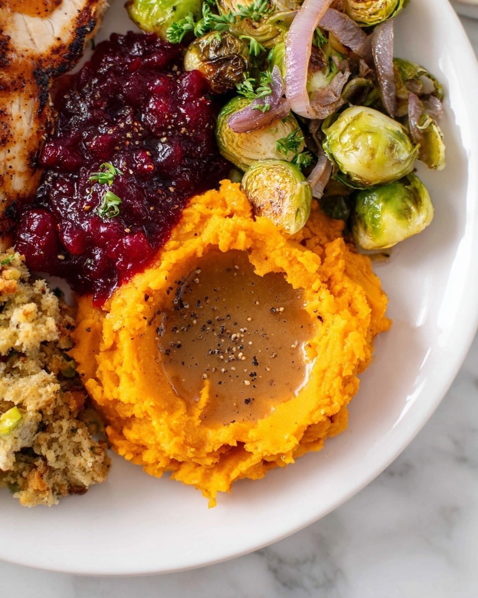 A white plate holds a colorful meal with four main sections. At the bottom center, there is a smooth, bright orange layer of mashed sweet potatoes with a small hollow filled with thick brown gravy, sprinkled lightly with black pepper. Above this is a deep red, chunky cranberry sauce with a wet, glossy texture. To the right, there are roasted green Brussels sprouts mixed with slices of cooked red onion, showing a slight char and a shiny surface. On the left, there is a browned piece of roasted chicken skin visible, as well as some stuffing with a rough, crumbly texture and small parsley bits. The plate sits on a white marbled surface. Photo taken with an iphone --ar 4:5 --v 7