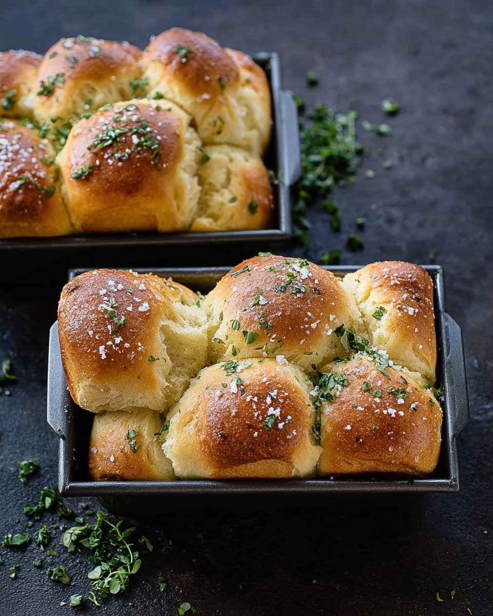 Two small metal loaf pans are filled with golden brown rolls that are soft and puffy with slightly uneven shapes. The tops of the rolls are sprinkled with coarse salt and chopped green herbs, giving a fresh and textured look. Some rolls have small cracks and creases, showing their fluffy inside. The pans sit on a dark textured surface, and scattered green herb pieces add color around them. photo taken with an iphone --ar 4:5 --v 7