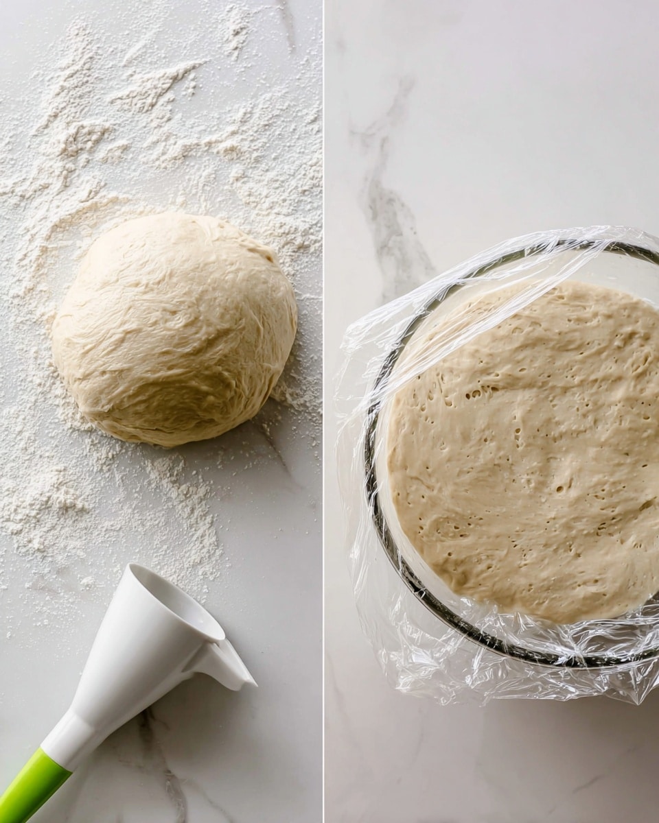 On the left, there is a light beige dough ball resting on a white marbled surface, dusted lightly with white flour around it, and a white measuring cup with a green handle visible at the bottom left corner. On the right, there is a clear glass mixing bowl filled with risen dough, which is pale beige with small bubbles throughout. The bowl is covered loosely with clear plastic wrap and sits on the same white marbled surface. The background is plain and light-colored. photo taken with an iphone --ar 4:5 --v 7