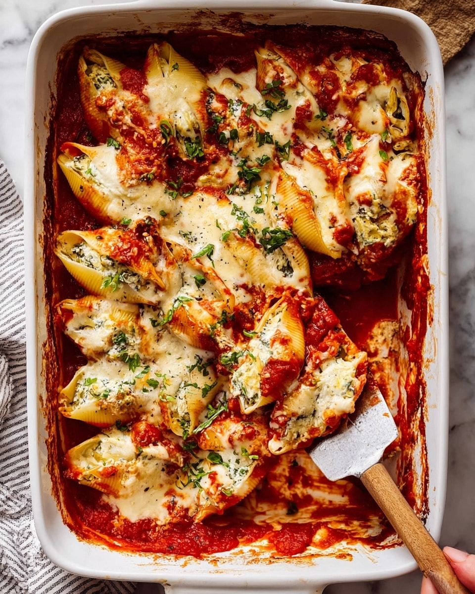 The image shows a white rectangular baking dish filled with stuffed pasta shells layered with red tomato sauce and melted creamy white cheese on top. The shells are golden brown in places, with green fresh chopped herbs sprinkled across the surface. Inside the shells, there is a visible creamy filling with green elements. A wooden-handled spatula is placed inside the dish, lifting some stuffed shells, and a woman's hand is partly visible holding it. The dish is set on a white marbled surface with a striped cloth nearby. photo taken with an iphone --ar 4:5 --v 7