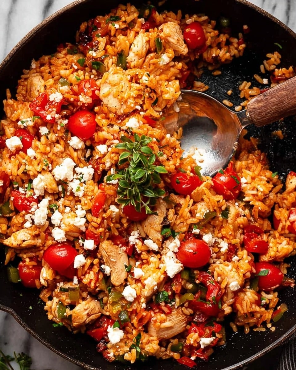 The image shows a close-up of a black skillet filled with cooked orange rice mixed with pieces of cooked chicken, small red cherry tomatoes, diced red and green vegetables, and sprinkled white cheese crumbs. On top, there is a small green herb garnish near the center. A shiny metal spoon with a brown wooden handle rests in the skillet, partially covered by the food. The skillet sits on a white marbled surface. Photo taken with an iphone --ar 4:5 --v 7
