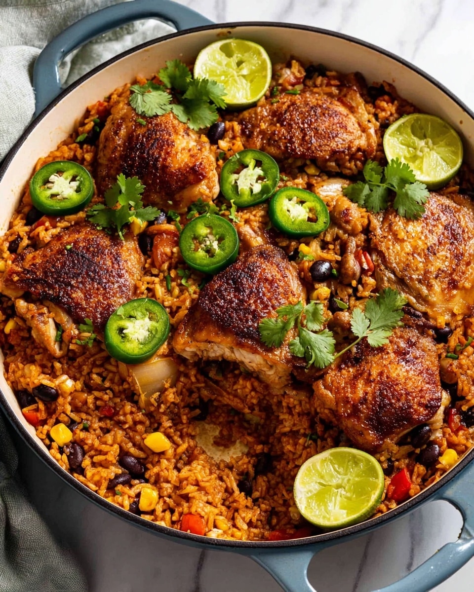 A white deep pan filled with a base layer of cooked rice mixed with corn kernels, black beans, and small pieces of red bell pepper, all having a warm orange-brown color. On top of the rice, there are five golden brown chicken pieces with slightly crispy skin, some of them cut to show the inside texture. Scattered on the chicken and rice are thin slices of bright green jalapeño peppers and fresh green cilantro leaves. On one side of the pan, several lime wedges rest on the rice, adding a bright green contrast. The pan sits on a white marbled surface with a soft cloth nearby. photo taken with an iphone --ar 4:5 --v 7