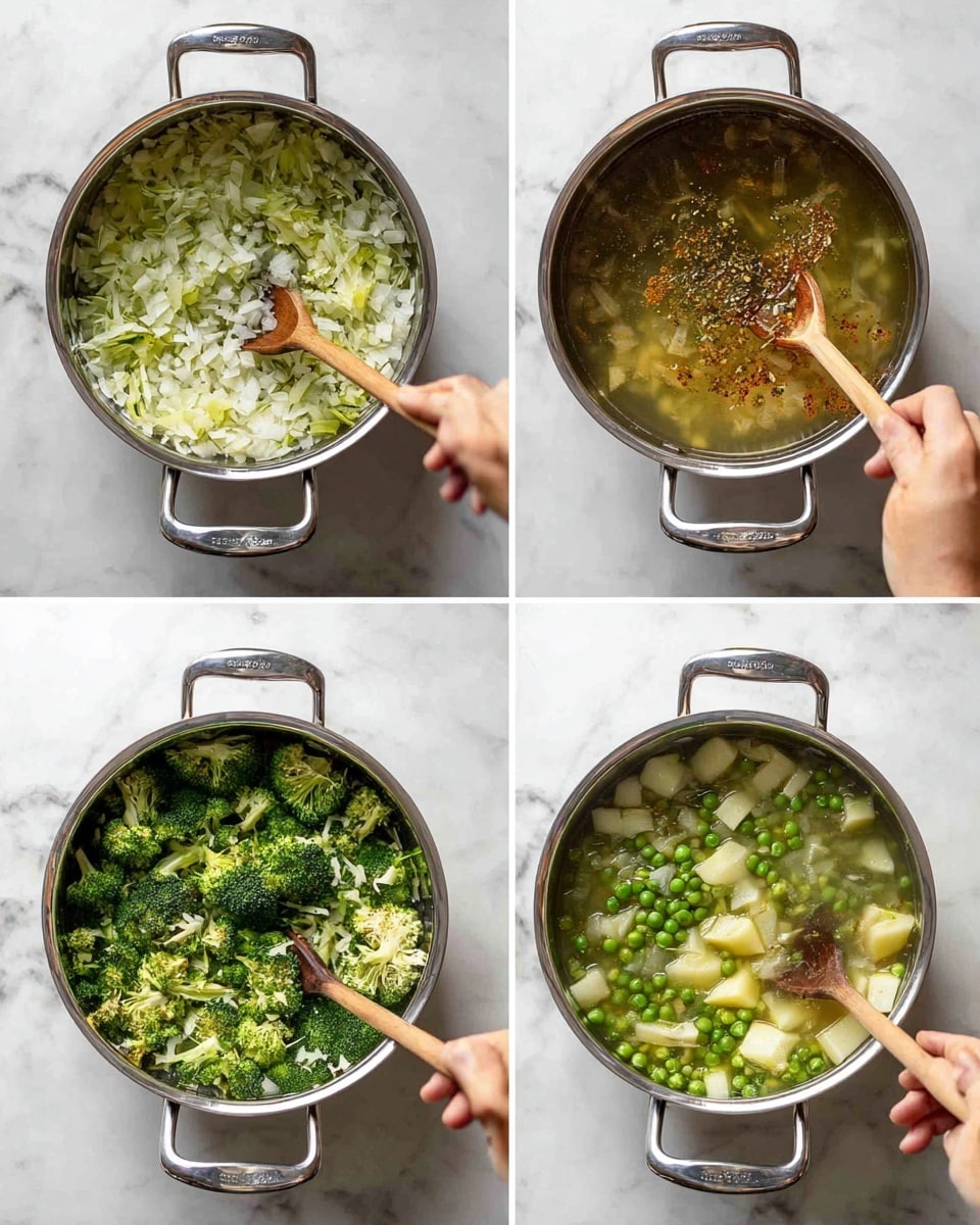The image is a collage of four square photos arranged in a 2x2 grid, each showing a large silver pot on a white marbled surface. In the first photo, a woman's left hand holds the pot handle while a wooden spoon stirs a mixture of finely chopped onion, leek, garlic, fennel, and celery in pale green and white colors. The second photo shows the same pot with a clear broth and some spices floating on top, with the woman's left hand holding the pot handle. The third photo features chunks of broccoli and potato in the broth, stirred by the wooden spoon, held in the woman's left hand. The fourth photo shows the soup with green peas added, stirred by the wooden spoon over the white marble surface. All pots have shiny silver handles and clear, visible contents. Photo taken with an iphone --ar 4:5 --v 7