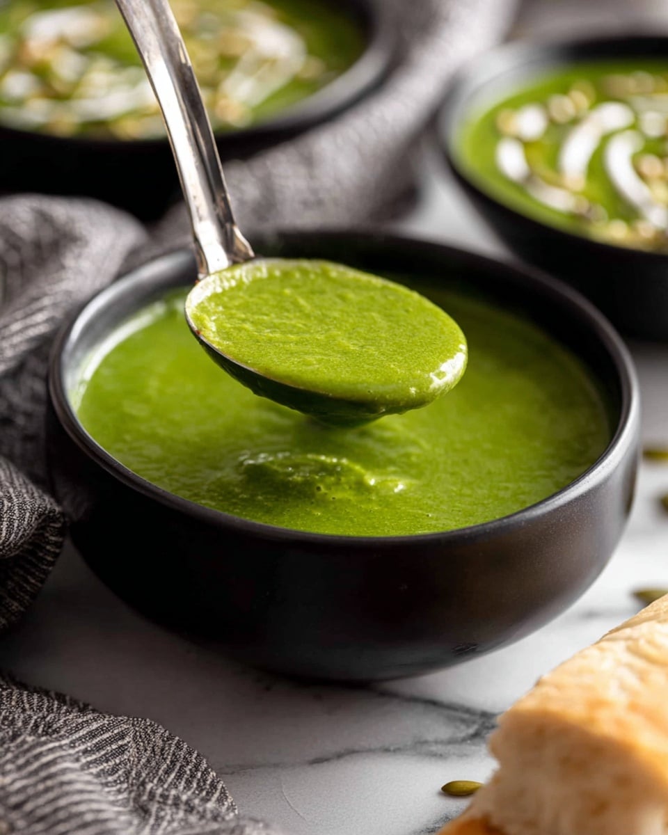 The image shows a black bowl filled with a thick, bright green soup, with a smooth and slightly textured surface. A silver ladle is lifting a scoop of the soup from the bowl, displaying the vibrant color and creamy consistency. In the background, there is another black bowl with a similar green soup, topped with a swirl of cream and light-colored seeds or grains. In front of the main bowl, a piece of light golden bread with a soft texture is partially visible. The setting rests on a white marbled surface with a folded gray and white cloth nearby. Photo taken with an iphone --ar 4:5 --v 7