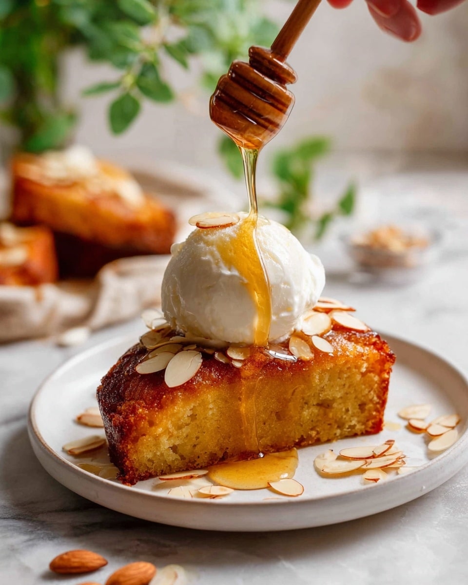 A thick slice of golden brown cake sits on a white plate with a white marbled surface underneath. On top of the cake, there is a scoop of white ice cream, around which thin almond slices are scattered. A woman's hand is holding a wooden honey dipper above the ice cream, letting thick honey drip down onto the ice cream and cake, creating a shiny, sticky layer that pools lightly on the plate. In the background, more cake pieces and a green plant can be seen slightly blurred. photo taken with an iphone --ar 4:5 --v 7