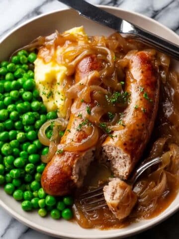 Bangers & Mash with Onion Gravy and Peas Recipe