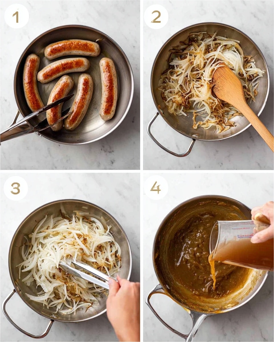 The first image shows a metal frying pan with five browned sausages inside, and a woman's hand using metal tongs to turn one sausage; the pan sits on a white marbled surface. The second image shows a metal frying pan again on the white marbled surface, with caramelized thin onion strips cooked in oil; a wooden spatula is stirring them. The third image shows the same frying pan on the white marbled surface filled with thinly sliced raw onions, still being stirred with the wooden spatula. The fourth image shows a woman's hand pouring brown liquid from a glass measuring cup into the pan with cooked onions, creating a thick sauce; the wooden spatula is still in the pan. Photo taken with an iphone --ar 4:5 --v 7