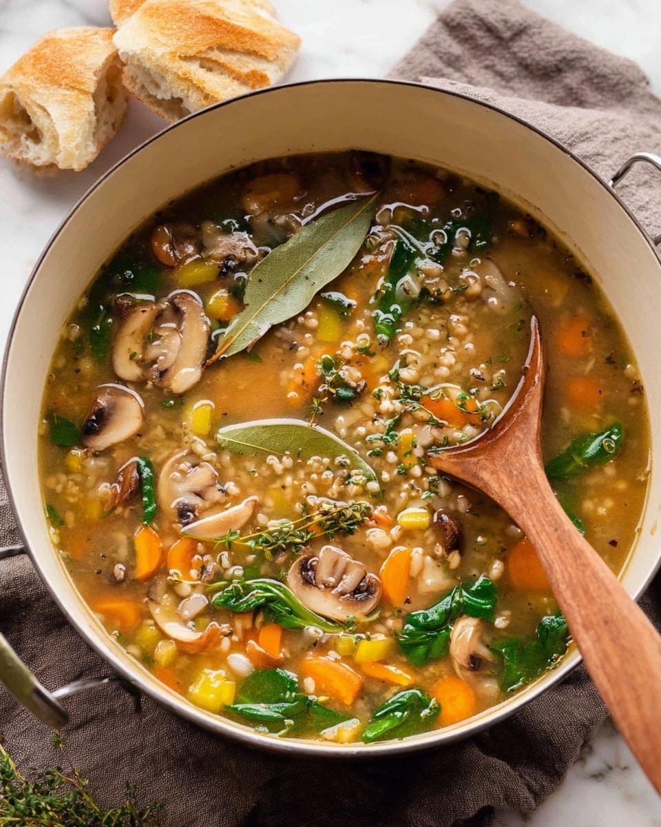 A white pot filled with clear broth soup containing visible chopped orange carrots, yellow bell peppers, green leafy herbs, sliced light brown mushrooms, and whole grains floating throughout. There is a wooden spoon resting on the right side inside the pot, and a bay leaf on top near the center. The pot is placed on a gray cloth with baguette pieces nearby, all on a white marbled surface. photo taken with an iphone --ar 4:5 --v 7