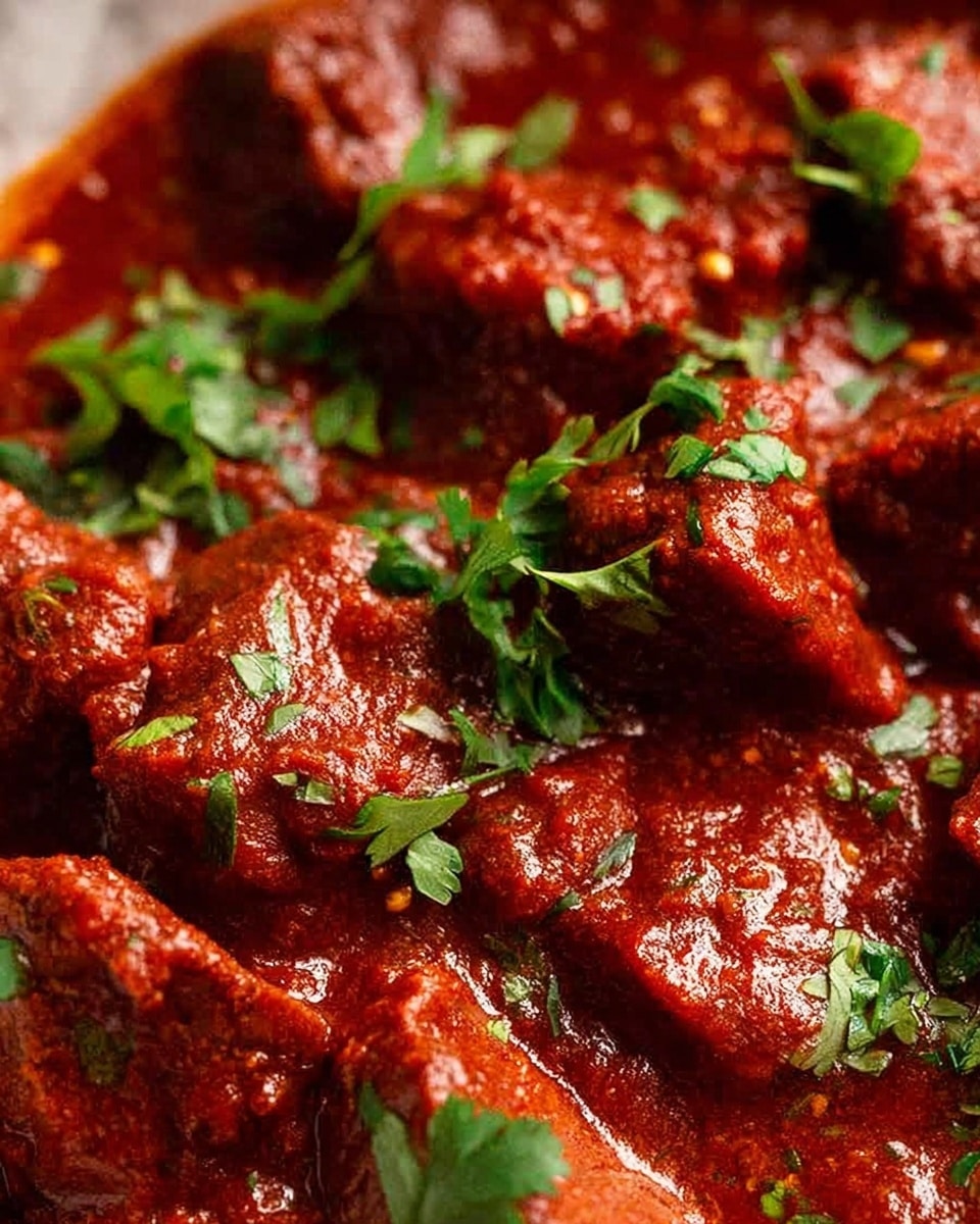 The image shows a close-up of a rich red sauce with chunks of dark red meat evenly coated in it. Small pieces of bright green herbs are scattered on top, adding a fresh contrast to the deep red color of the sauce. The sauce looks thick and textured with some oil glistening on the surface, highlighting the richness of the dish. The background is a soft white marbled texture. photo taken with an iphone --ar 4:5 --v 7