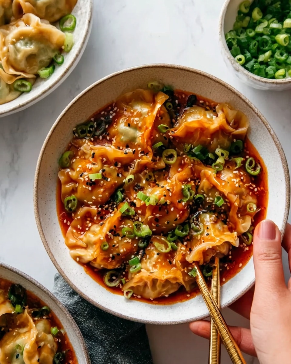 The image shows a white bowl filled with golden-brown dumplings covered in a glossy red sauce. The dumplings have crinkled edges and are sprinkled with small sesame seeds and chopped green onions. The bowl sits on a white marbled surface, with parts of two more bowls visible around it—one white bowl with more dumplings and another white bowl filled with chopped green onions. A woman's hand is holding the bowl on the right side, with a pair of golden chopsticks resting on the rim. Photo taken with an iphone --ar 4:5 --v 7