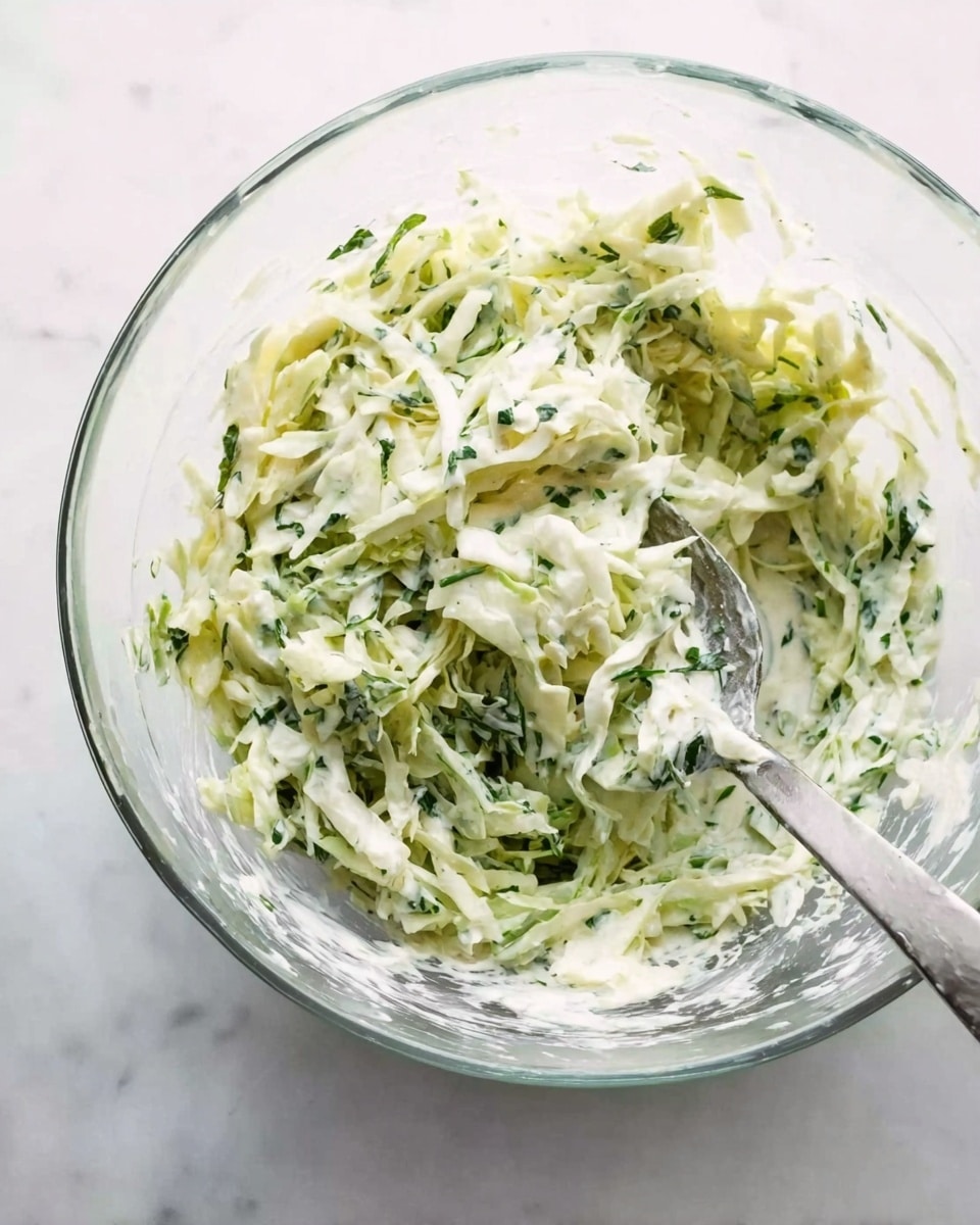 A clear glass bowl filled with a creamy mix of shredded pale green cabbage and small green herb pieces, all coated evenly with a smooth white dressing. A silver fork is partially submerged in the mixture, resting inside the bowl. The bowl is placed on a white marbled surface, creating a clean and fresh look. photo taken with an iphone --ar 4:5 --v 7