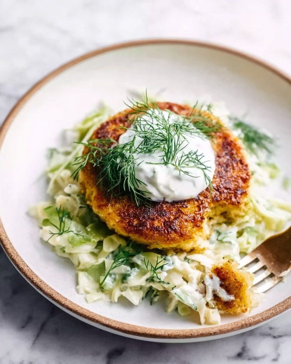 The image shows a round, golden-brown crispy patty with a slightly rough texture on top of a bed of creamy, finely shredded pale green cabbage mixed with white dressing. On top of the patty, there is a smooth dollop of white sour cream or yogurt, garnished with bright green fresh dill sprigs. The plate is white with a thin brown rim, and a fork is breaking a piece off the patty on the right side. The background features a white marbled surface, giving a clean and bright look. Photo taken with an iphone --ar 4:5 --v 7