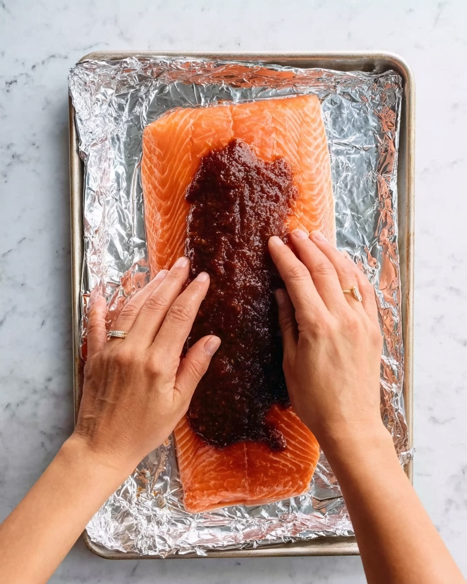A large raw salmon fillet with a smooth pink-orange color is placed on a silver foil-covered baking tray. On top of the salmon, there is a thick dark reddish-brown sauce spread evenly in the center. A woman's hands are gently pressing the sauce into the salmon. The silver foil has a shiny, crinkled texture, and the tray edges are slightly visible. The background surface is a white marbled texture. photo taken with an iphone --ar 4:5 --v 7
