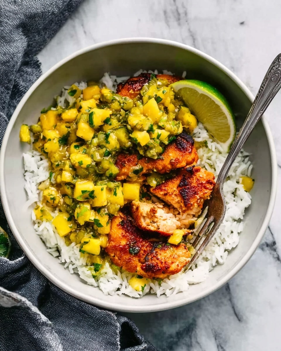 The image shows a white bowl filled with white rice at the bottom layer. On top of the rice, there are golden-brown pieces of cooked chicken with a slightly crispy texture. Over the chicken and rice, a bright yellow mango salsa with green herbs is spread, adding a fresh, chunky texture. A lemon wedge rests on the side inside the bowl. A fork is placed inside the bowl. The bowl sits on a white marbled surface with a gray cloth napkin nearby. Photo taken with an iphone --ar 4:5 --v 7