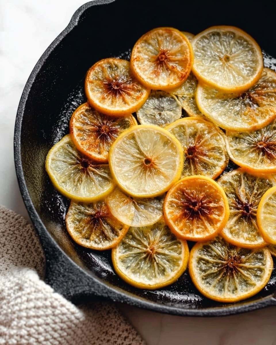 The image shows a black cast iron pan filled with thin, round lemon slices arranged in a casual, overlapping pattern. The lemon slices range in color from light yellow to deep golden brown with some darker, almost burnt spots, showing they are cooked or roasted. The texture of the lemon slices is slightly translucent with crispy edges. The pan sits on a white marbled surface with a neutral knitted cloth partly visible at the bottom left corner. The photo taken with an iphone --ar 4:5 --v 7