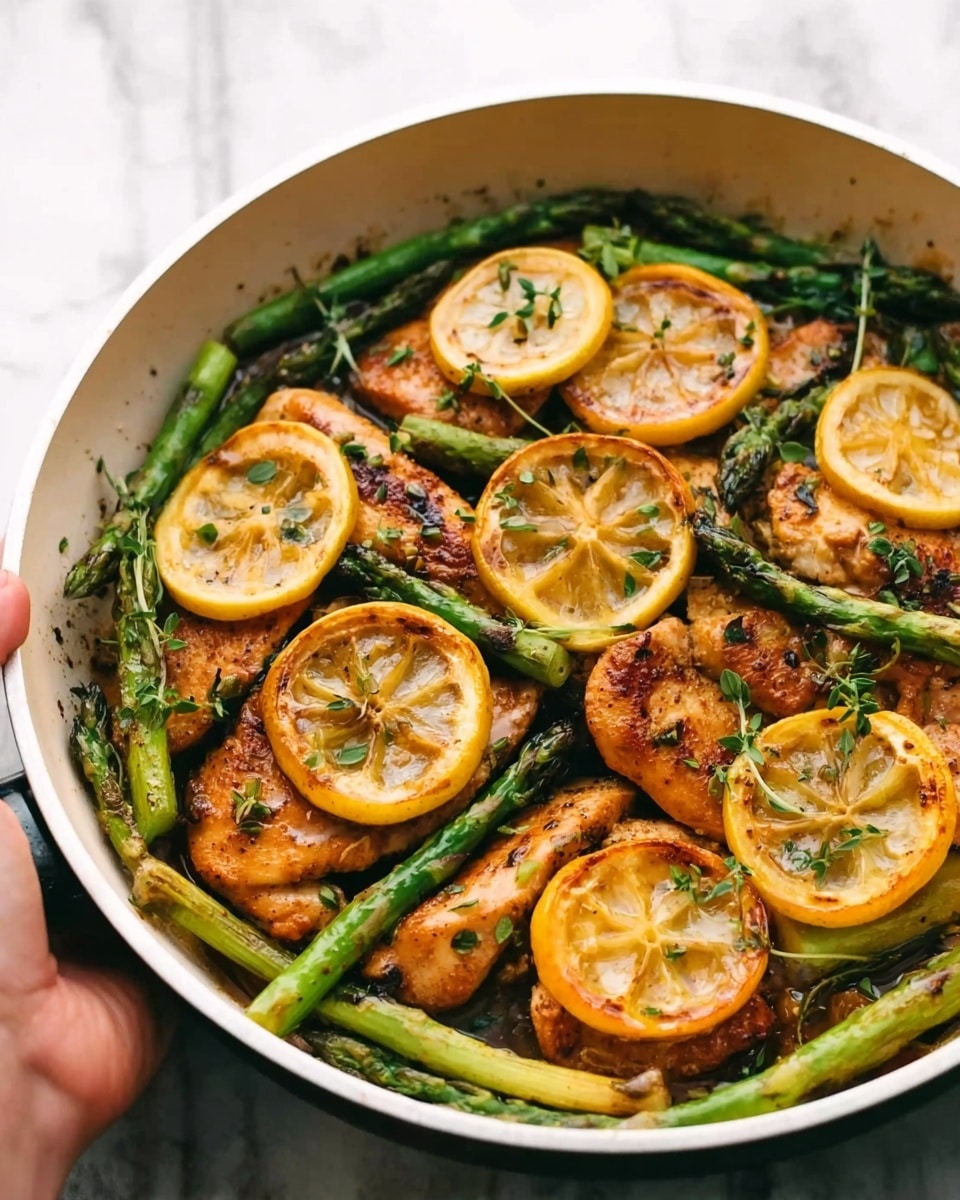A white pan filled with golden brown cooked chicken pieces topped with bright yellow, lightly browned lemon slices. Around the chicken and lemons are green asparagus spears, some slightly charred. Small green herb leaves are sprinkled over the dish, adding freshness. The pan is placed on a white marbled surface with a woman’s hand holding the side of the pan. Photo taken with an iphone --ar 4:5 --v 7