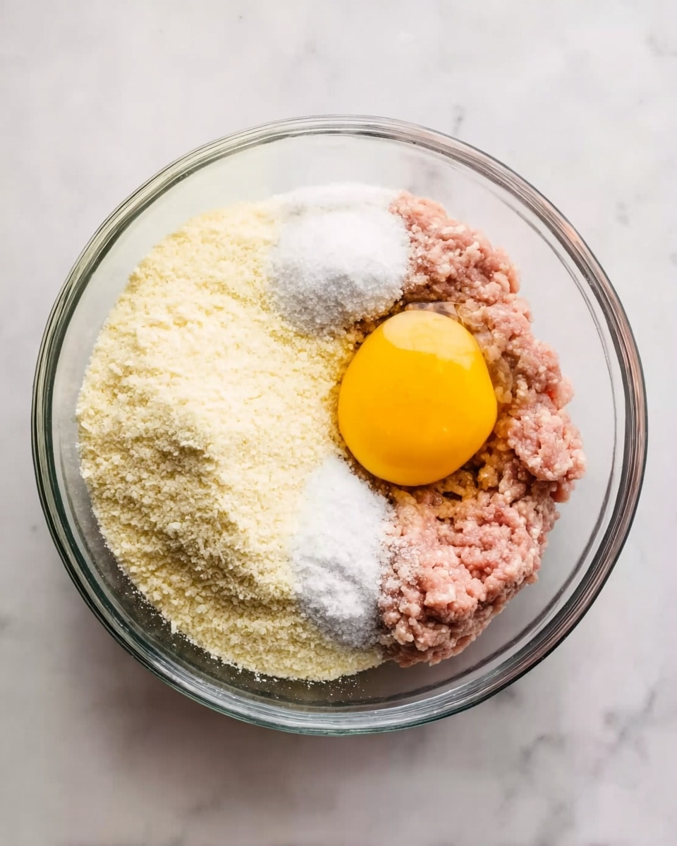 A clear glass bowl contains several layers of ingredients placed side by side. The bottom right layer is a light pink ground meat mixture, next to it near the top right is a raw egg with a bright yellow yolk visible. Above the egg is a small white pile of salt, and the remaining large section on the left side is filled with fine white breadcrumbs. The bowl sits on a white marbled surface. Photo taken with an iphone --ar 4:5 --v 7