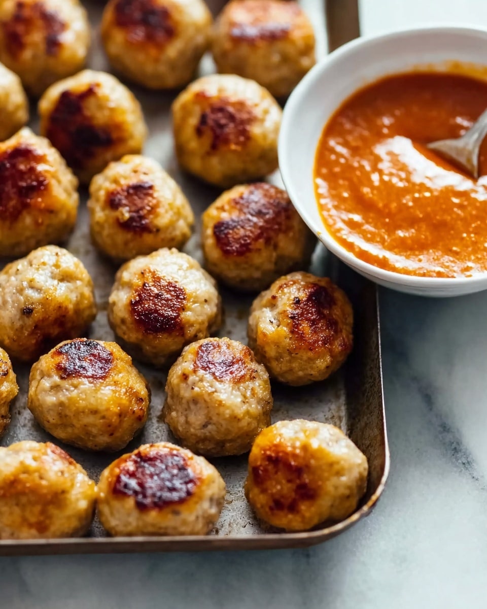 A close-up view shows many small, round, golden-brown meatballs with a slightly crispy texture on a metal tray. In the top right corner, there is a white bowl filled with thick orange-red sauce, and a spoon is dipping into it. The meatballs have uneven brown spots showing they are cooked well. The background is a white marbled surface. photo taken with an iphone --ar 4:5 --v 7