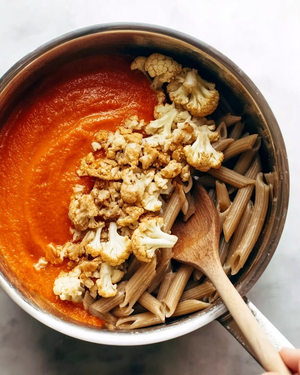 A close-up view inside a silver cooking pot shows three layers: on the left is a smooth, bright orange red sauce with a glossy texture; on the right side are small, crunchy light brown roasted cauliflower pieces; below and filling the bottom is a layer of light beige whole wheat penne pasta. A wooden spoon is partially stirring the cauliflower and pasta, with a woman's hand holding the handle on the right side. The pot is placed on a white marbled surface. Photo taken with an iphone --ar 4:5 --v 7