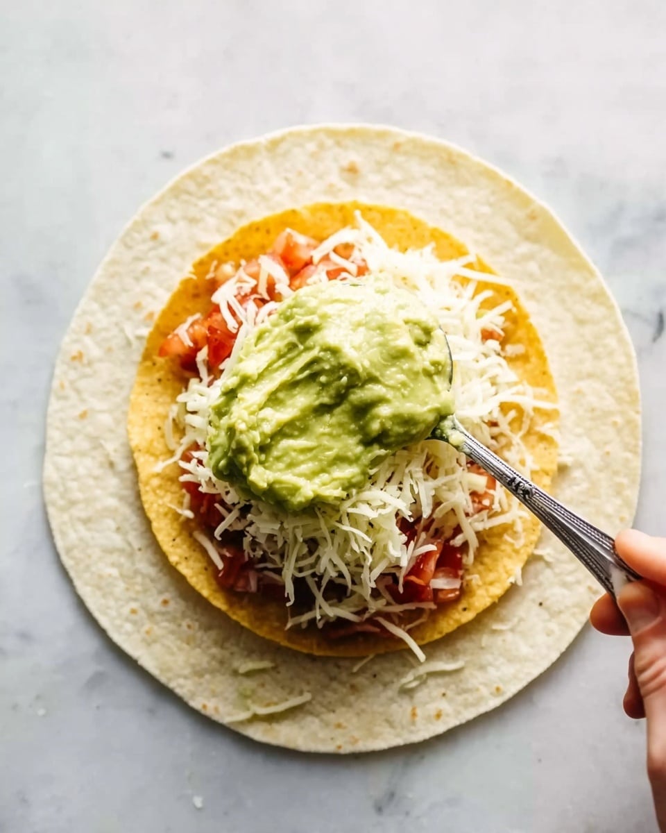 A white tortilla lies flat on a white marbled surface. On top of the tortilla is a golden toasted round tortilla chip layer, slightly smaller than the white tortilla. Over the chip layer, there is a spread of small red tomato pieces and a thin layer of white shredded cheese. Above this, a woman's hand is using a spoon to place a thick, creamy green layer of guacamole onto the center of the stack. Photo taken with an iphone --ar 4:5 --v 7