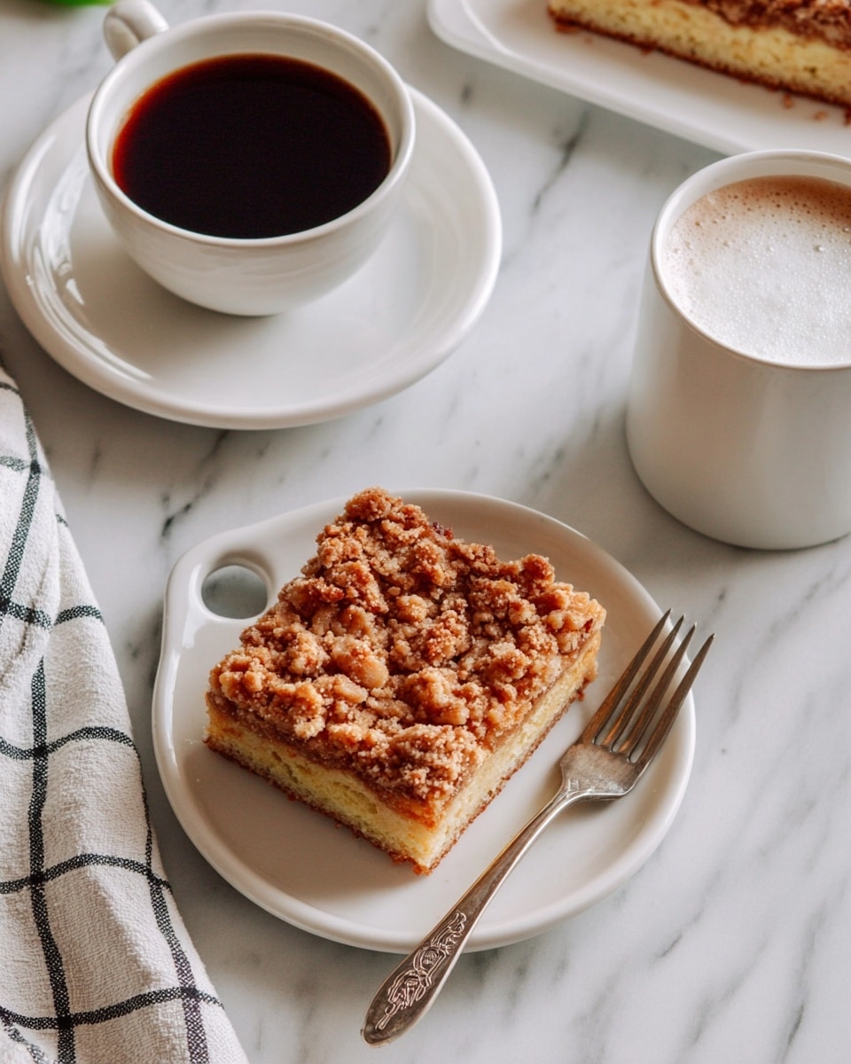 A square piece of crumbly coffee cake sits in the center of a white plate with a small side handle, showing three layers: a golden brown crumb topping with crunchy bits, a light yellow middle cake layer, and a thin brown crust at the bottom. A vintage silver fork with an engraved handle lies diagonally on the plate under the cake. Above the plate, a white cup filled with black coffee rests on a matching saucer, and to the right, there is a white mug filled with frothy milk. The items are placed on a white marbled surface with a white and dark gray checkered cloth partially visible near the top left corner. photo taken with an iphone --ar 4:5 --v 7