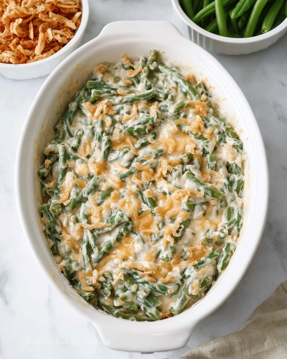 A white oval dish filled with a creamy green bean casserole mixture showing chopped green beans and melted cheese mixed together in a thick, white sauce. The casserole mixture has a soft, somewhat chunky texture with visible bits of orange cheese evenly spread throughout the green beans. Behind the dish, there are two white bowls placed on a white marbled surface; one contains crispy light brown fried onions, and the other holds fresh green beans. The scene has a clean and simple look with a white and soft background. Photo taken with an iphone --ar 4:5 --v 7