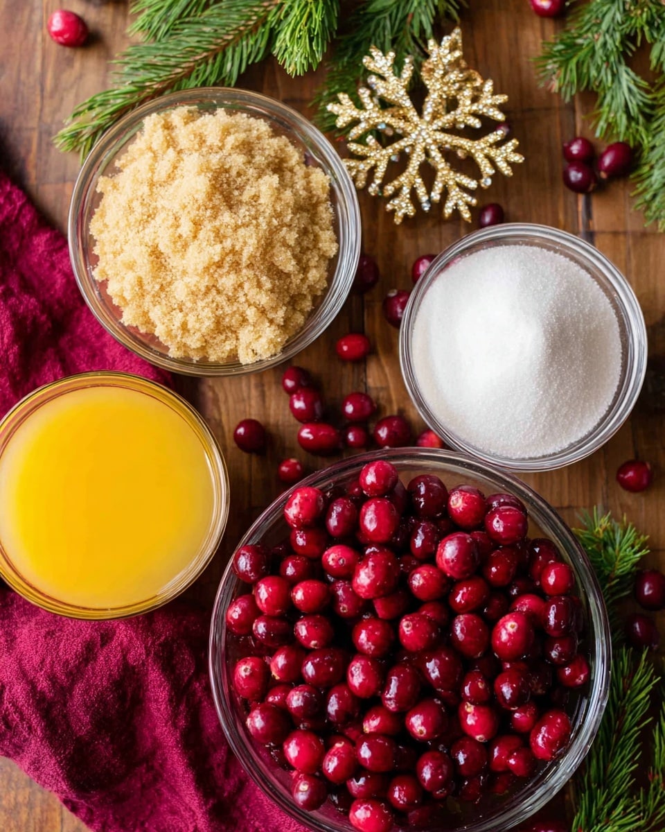 The image shows four glass bowls arranged on a wooden surface with a burgundy cloth and a gold snowflake decoration nearby. The top right bowl is a white bowl filled with bright red cranberries, shining and smooth. Below it, to the left, is a glass bowl with light brown sugar that looks soft and crumbly. Next to the brown sugar, on the right, is a white bowl filled almost to the top with white granulated sugar. In the bottom left corner, there is a glass bowl of bright orange juice that looks fresh and smooth. There are some scattered cranberries and green pine leaves around the bowls. Photo taken with an iphone --ar 4:5 --v 7