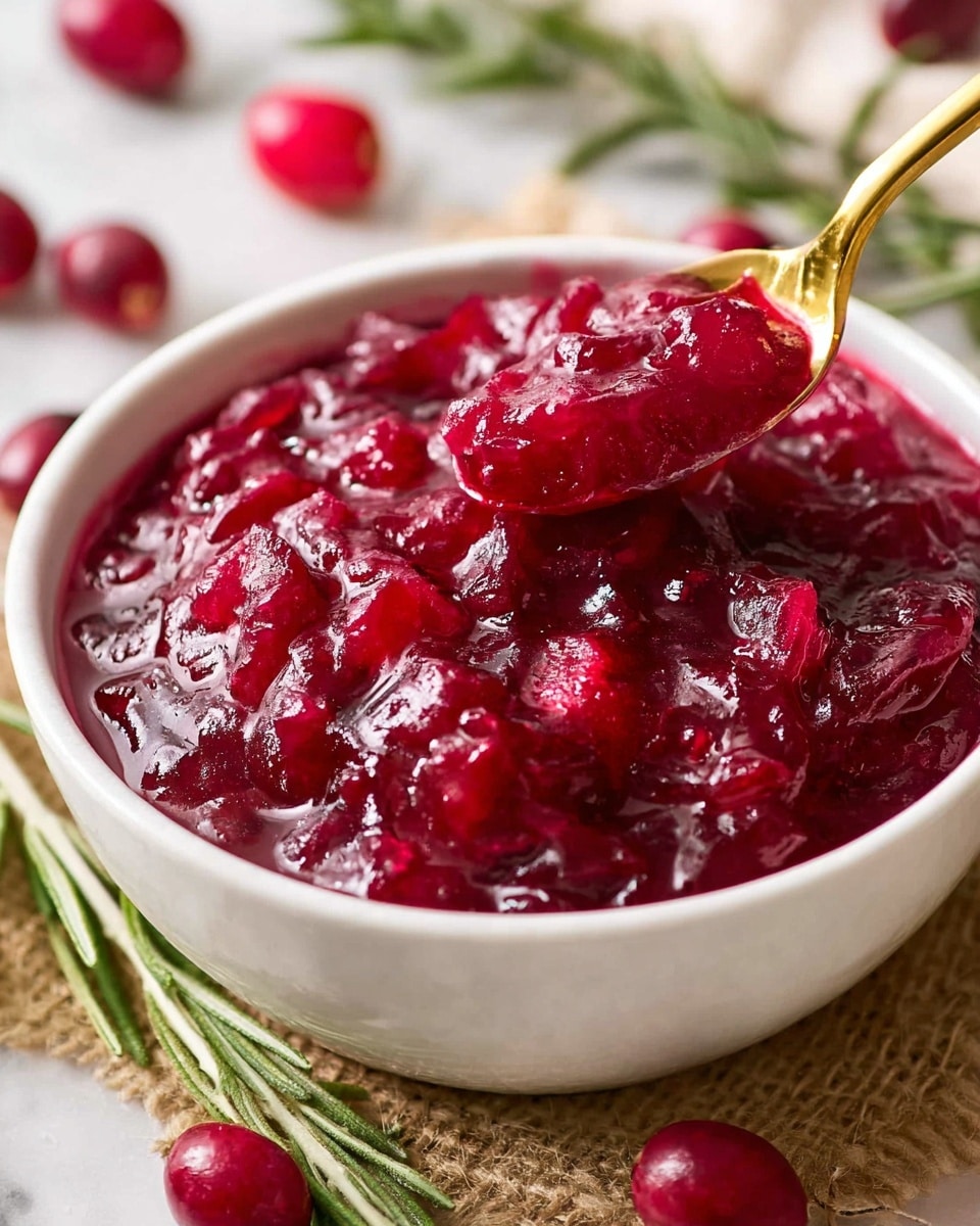 A white bowl filled with chunky, bright red cranberry sauce that looks thick and glossy with visible whole cranberries and soft cranberry pieces mixed together, a gold spoon scoops some from the bowl. The bowl sits on a light brown textured mat, with some fresh cranberries and sprigs of green herbs around it on a white marbled surface in soft natural light, creating a fresh and vibrant feel. photo taken with an iphone --ar 4:5 --v 7