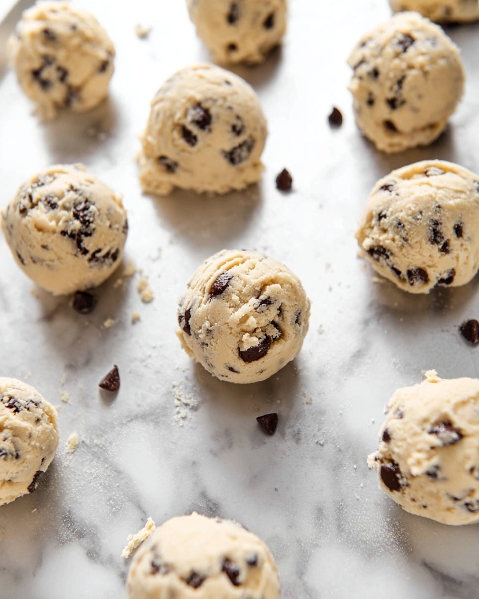 The image shows several scoops of light beige cookie dough with dark chocolate chips evenly placed on a silver baking sheet. Each scoop is round and textured, placed in a scattered arrangement with visible small chunks of dough and chocolate chips throughout. The background surface is a white marbled texture. photo taken with an iphone --ar 4:5 --v 7