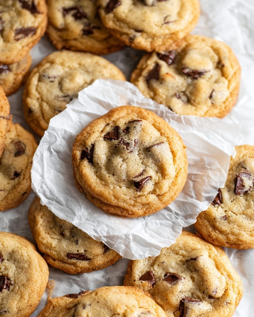 A pile of light golden brown chocolate chip cookies with visible dark chocolate chunks sits on a white marbled surface, the cookies showing a slightly soft texture with crinkled tops. One cookie is placed in the center on a piece of white crinkled parchment paper, slightly raised above the others. The cookies have uneven, round shapes and a warm baked look with slightly browned edges. The overall presentation is simple and inviting, with focus on the texture and chocolate chips. photo taken with an iphone --ar 4:5 --v 7