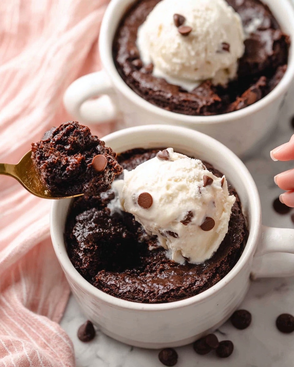 A close-up of two white mugs filled with dark brown chocolate cake, each topped with a creamy scoop of light vanilla ice cream. The cake looks soft and moist with melted chocolate chips spread through it. A golden spoon held by a woman's hand lifts a spoonful of the chocolate cake, showing a soft texture with some melted white cream on top. The mugs are on a white marbled surface with a soft pink striped cloth nearby. In the background, more chocolate chips are scattered around. photo taken with an iphone --ar 4:5 --v 7