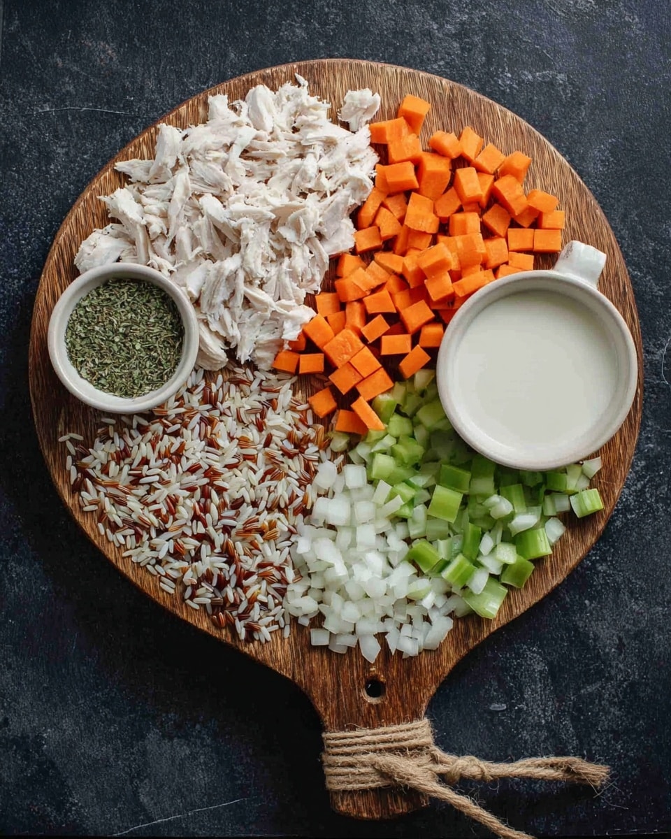 A round wooden board is placed on a dark surface, holding different ingredients arranged in neat sections. Starting from the left, there are white cooked shredded pieces of chicken, next to a small white dish with green dried herbs. Moving right, there are small cubes of bright orange carrots, followed by light green diced celery, and finely chopped white onions at the far right. In the bottom part of the board, there are two small white bowls; one filled with mixed uncooked rice grains in white, brown, and red shades, and the other with a smooth white liquid, likely cream or milk. The wooden board has a handle wrapped with twine and a loop for hanging. photo taken with an iphone --ar 4:5 --v 7