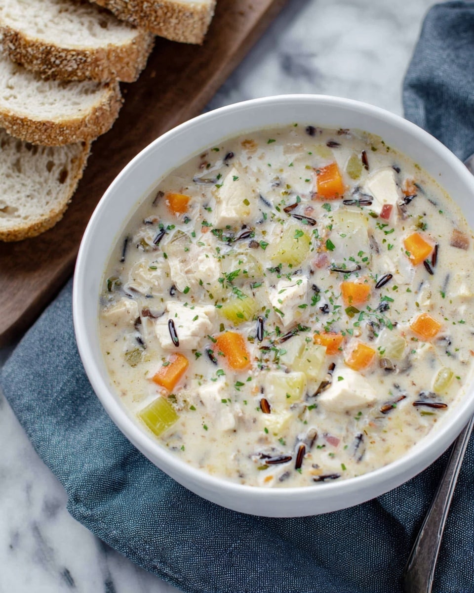 A white bowl filled with creamy soup that has several layers of ingredients visible: chunks of white chicken, small orange carrot cubes, light green celery pieces, and thin dark wild rice strands, all mixed in a smooth, light-colored broth with green herb sprinkles on top. The bowl sits on a blue cloth, beside a wooden board holding three pieces of sliced light brown bread, all set on a white marbled surface. Photo taken with an iphone --ar 4:5 --v 7