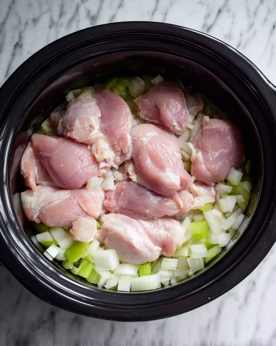 The image shows a black slow cooker sitting on a white marbled surface. Inside the cooker, there is one layer of chopped onions and celery with white and light green colors at the bottom. On top of this vegetable layer, there are smooth, raw pink chicken pieces arranged closely together, covering most of the vegetables beneath. The chicken pieces have a soft, slightly shiny texture. Photo taken with an iphone --ar 4:5 --v 7