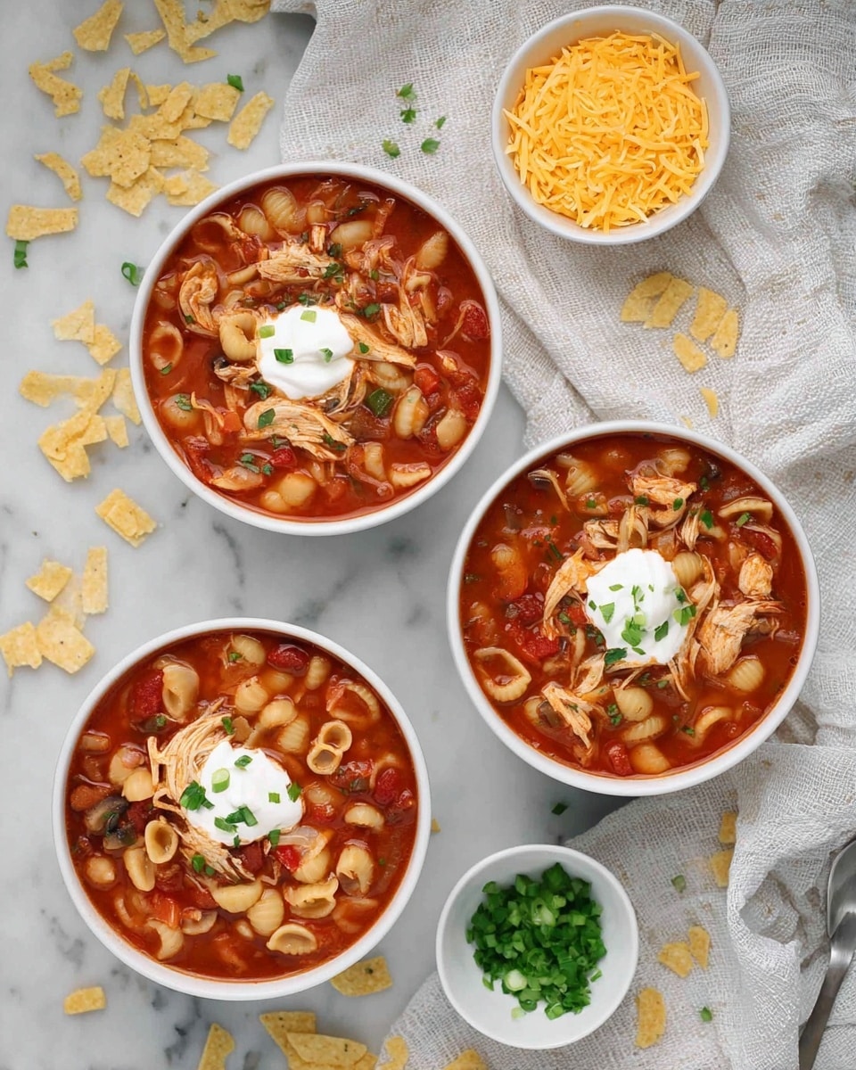 The image shows three white bowls filled with a red tomato-based soup containing small shell pasta, chopped mushrooms, diced tomatoes, and shredded chicken pieces. Each bowl has a dollop of white sour cream on top, garnished with small green herbs. Surrounding the bowls are small white dishes holding yellow shredded cheese, chopped green onions, and yellow tortilla strips. The setting includes a white marbled surface underneath all elements, with a light, textured white cloth arranged around the bowls and dishes. Some tortilla strips are scattered loosely around the bowls. photo taken with an iphone --ar 4:5 --v 7
