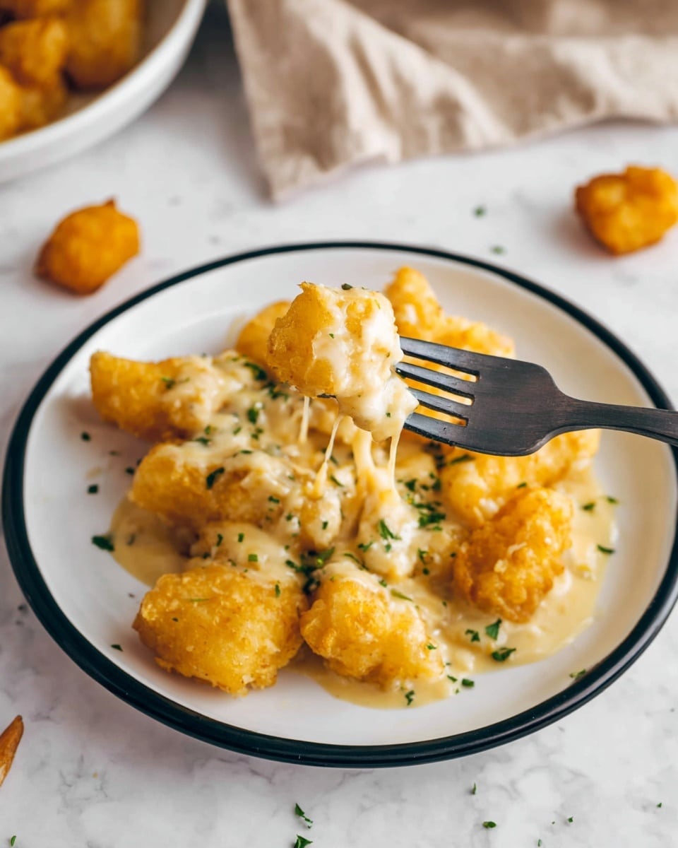 A close-up view of a white plate with a black rim filled with golden battered pieces covered in creamy cheese sauce with small green herb bits sprinkled on top, showcasing a fork lifting a piece of the dish in front; the background features a white marbled surface with a beige napkin and two small golden fried pieces scattered nearby, creating a warm and inviting look. Photo taken with an iphone --ar 4:5 --v 7