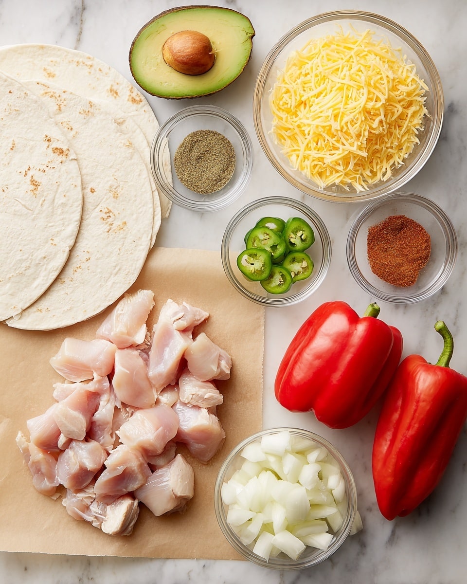 The image shows raw chicken pieces placed on a light brown parchment paper in the center on a white marbled surface. To the left of the chicken, three folded white tortillas lie flat. Above the chicken, two clear glass bowls hold shredded yellow cheese and shredded white cheese respectively. To the right of the chicken, two whole red bell peppers rest side by side. Below the peppers, a small clear glass bowl contains sliced white onions, and another small clear bowl contains sliced green chili peppers. Above the tortillas and glasses, there are three small clear glass bowls containing spices: green seasoning, light brown powder, and reddish-brown powder. In the upper left corner, one halved avocado with the seed showing and one avocado half with the seed removed are placed on the white marbled surface. Photo taken with an iphone --ar 4:5 --v 7