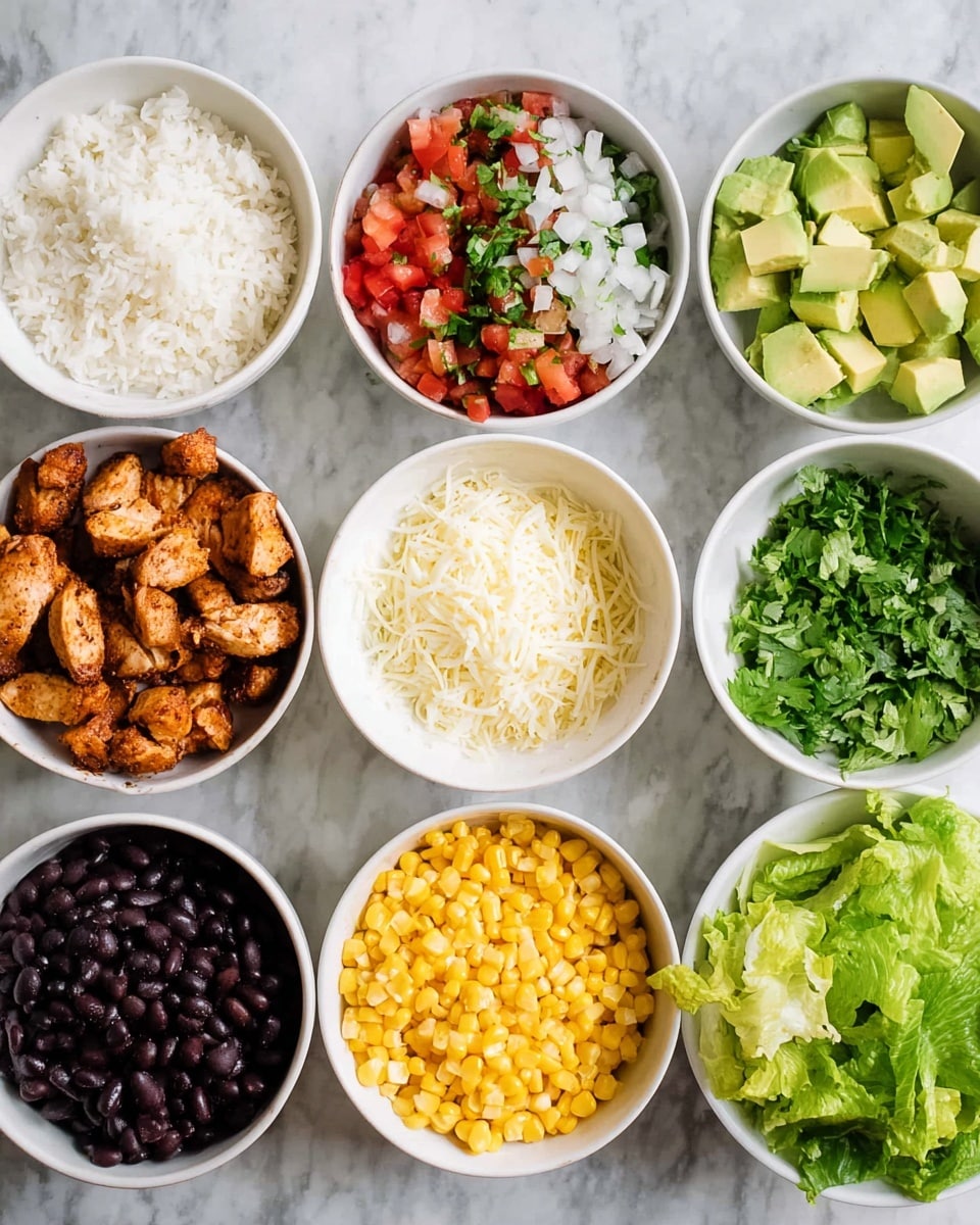 The image shows eight white bowls arranged on a white marbled surface. Starting from the top left, there is a bowl filled with plain white rice. To the right of it, a bowl contains a colorful mix of chopped red tomatoes, white onions, and green herbs. Next to that, a bowl holds diced green avocado pieces. Below the avocado, there is a smaller bowl filled with finely shredded white cheese. On the bottom left, a bowl holds brown cooked chicken pieces with a seasoned look. Above that, a bowl contains shiny black beans. To the right of the beans, a bowl is filled with bright yellow corn kernels. Finally, below the corn, there is a bowl full of fresh, torn green lettuce leaves. Everything is neatly arranged with clear textures and vibrant colors, photo taken with an iphone --ar 4:5 --v 7